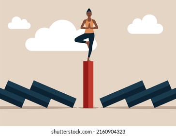 Success Woman Relax And Meditating With Yoga Pose On Standing Domino. Mindfulness Meditation Relax To Reduce Stress And Eliminate Distraction, Calm To Build Energy Or Spiritual Wellness Concept, 