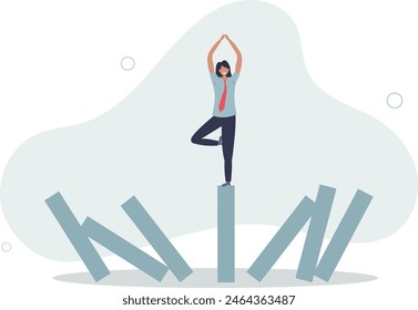 Success Woman Entspannen und Meditieren mit Yoga-Pose auf stehend domino.flat Vektorillustration.