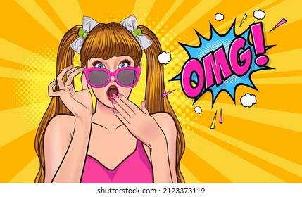 success woman surprised WOW in sunglasses and show lot of money in hands in Pop Art Comic Style