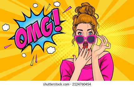 success woman surprised WOW in sunglasses and show lot of money in hands in Pop Art Comic Style