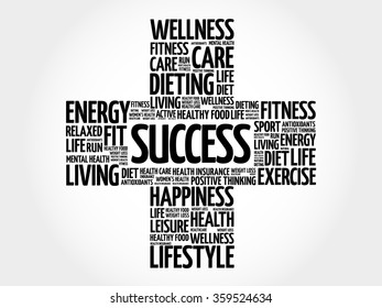 SUCCESS word cloud, health cross concept