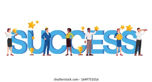 Success word concept flat banner. Confident businesspeople celebrating victory isolated typography with cartoon vector characters. Winners tiny people and recognition items on white background