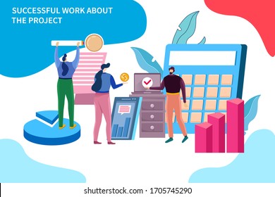 Trabajo exitoso sobre el proyecto. Trabajo en equipo, nuevo producto de negocios, marketing en equipo. Ilustración de color plano a la moda.
