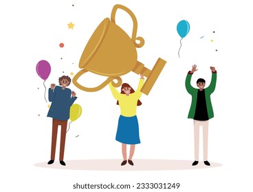 Success work achievement or team victory, winner or leadership, career success or champion celebration, winning award concept, joyful business people team colleagues celebrate success winning trophy.