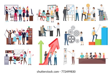 Success at work and its celebration, growth shown on interactive board and people at meeting listening to presentation vector illustration