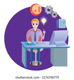 Success at work comes with the beginning of a promising idea, vector flat illustration, office, work, business