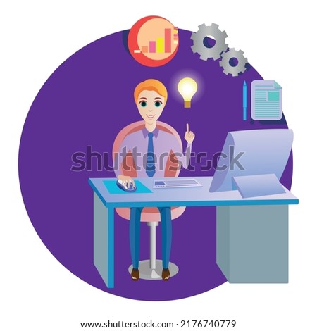 Success at work comes with the beginning of a promising idea, vector flat illustration, office, work, business
