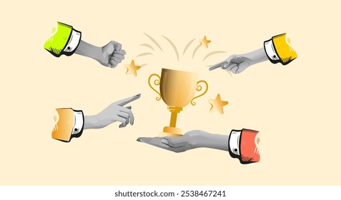 Success in work. The hands of different people hold the victory cup. Creative trend Collage Art Vector illustration