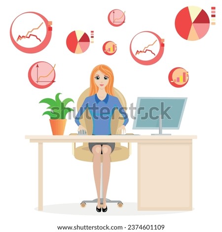 Success in work lies in analysis, forecast and calculations, development, business woman, office, computer, girl, office work, job, desk, intensive work, lady, infographics