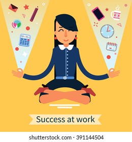 Success at Work. Multitasking Woman in Yoga Pose. Vector illustration. Flat style