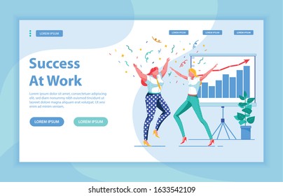 Success at Work. Two Young Women Colleagues Celebrating Good News for Company. Conference Room. Flipchart with Financial Results Presentation. Flat Vector Landing Page with Copy Space for Extra Text.