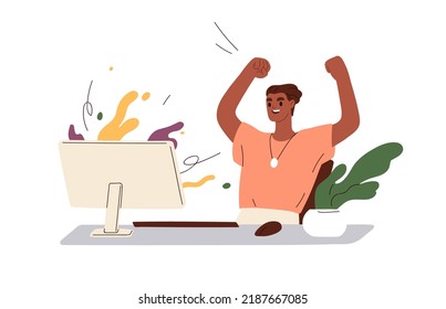 Success at work, victory in business concept. Happy employee at computer desk, rejoicing achieved goal. Successful office worker leader. Flat graphic vector illustration isolated on white background