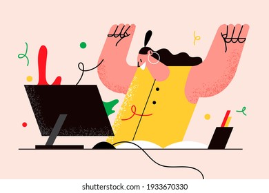 Success in work, winning online, technology concept. Young smiling woman cartoon character sitting with hands raised opposite computer screen celebrating success vector illustration 