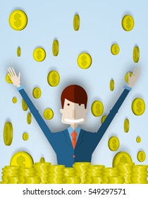 Success of young businessman  with coin background in 3d vector illustration