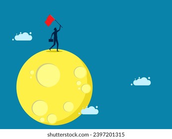 Successes and challenges. man holding a red flag on the moon or planet