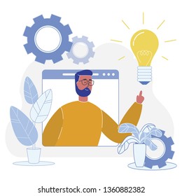 Successful Adaptation New Idea to Final Product. Flat Vector Illustration on White Background. Male Creative Manager Touches Burning Incandescent Lamp. Startup Planning and Cost Savings.