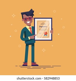 Successful african american businessman holding diploma in his hands. Graduate of MBA. Modern vector illustration.