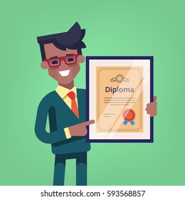 Successful african american businessman holding diploma in his hands. Graduate of MBA. Modern vector illustration.