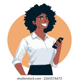 Successful african business woman hold smartphone looking aside with happy confident smile. African American young entrepreneur woman.