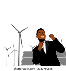 Successful African businessman Excited Shaking Hands Arms Raised front solar photovoltaic and wind turbines generating electricity power station.Flat vector illustration of constructors isolated 