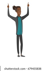 Successful african businessman standing with raised arms up. Young businessman celebrating business success. Business success concept. Vector flat design illustration isolated on white background.