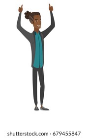 Successful african businessman standing with raised arms up. Successful businessman giving thumbs up. Businessman celebrating success. Vector flat design illustration isolated on white background.