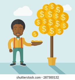 A successful african businessman standing while catching a dollar coin from money tree. Business growth concept. A contemporary style with pastel palette soft blue tinted background with desaturated