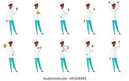 Successful african chef cook standing with raised arms up. Successful chef cook giving thumbs up. Chef cook celebrating success. Set of vector flat design illustrations isolated on white background.