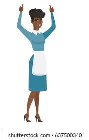 Successful african cleaner standing with raised arms up. Successful cleaner giving thumbs up. Young female cleaner celebrating success. Vector flat design illustration isolated on white background.