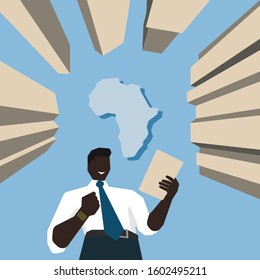 Successful african man. Africa development. The manager is African American. African among the skyscrapers