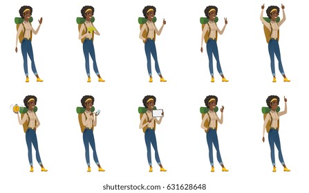 Successful african traveler standing with raised arms up. Successful traveler giving thumbs up. Traveler celebrating success. Set of vector flat design illustrations isolated on white background.