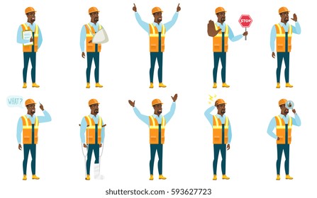 Successful african-american builder standing with raised arms up. Full length of happy builder celebrating with raised arms up. Set of vector flat design illustrations isolated on white background.