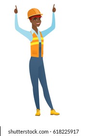 Successful african-american builder standing with raised arms up. Full length of young happy builder celebrating with raised arms up. Vector flat design illustration isolated on white background.