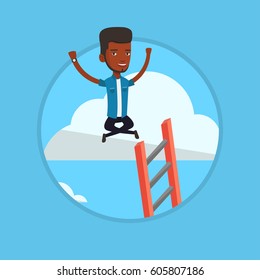 Successful african-american businessman relaxing on the cloud. Happy businessman with rised hands sitting on the cloud with ledder. Vector flat design illustration in the circle isolated on background