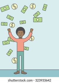 A successful african-american entrepreneur standing under  flying money. Successful business concept. Vector line design illustration. Vertical layout with a text space.