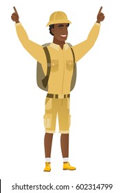 Successful african-american traveler standing with raised arms up. Full length of young happy traveler celebrating with raised arms up. Vector flat design illustration isolated on white background.