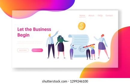 Successful Agreement Of Business Cooperation Landing Page. Little People Sign Work Contract. Team Collaboration Start Project Concept For Website Or Web Page Flat Cartoon Vector Illustration