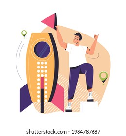 Erfolgreicher ambitionierter Mann, der eine Rakete Vektorgrafik-Banner, Landing-Page baut. Start und Enterprise. Entdecken Sie neue Sphären, Geschäftswachstum, Innovationsprodukte, kreatives Ideenkonzept.
