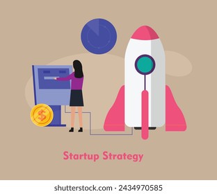 Successful ambitious woma preparing to launch a rocket flat vector illustration