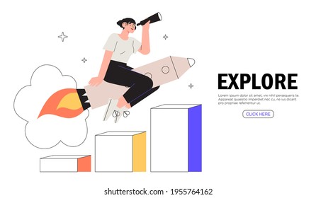 Successful ambitious woman moving high on rocket banner, landing page. Business motivation, startup launch and development. Explore new spheres, business growth, successful strategies search concept.