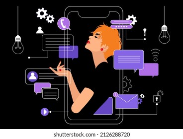 Successful ambitious woman in work on black background. Business motivation, startup launch and development. Landing page, business growth, successful strategies search concept.