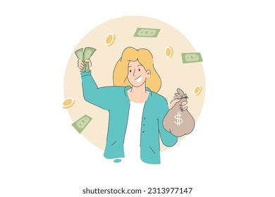 Successful american woman holding fan of money dollar bills.Hand drawn style vector design illustrations