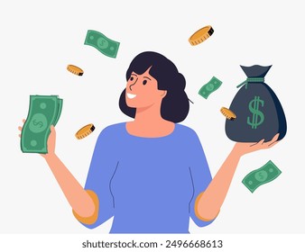 Successful american woman holding fan of money dollar bills. Hand drawn style vector design illustrations. Stock trading, stakeholder, investment, analysis, trader strategy