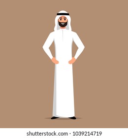 Successful Arab Man In White Clothes Stands In A Welcoming Position. Vector Cartoon Smiling Islamic Businessman Dressed In Traditional Clothes. 