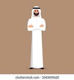 Successful Arab man in white clothes crossed arms on chest. vector cartoon smiling Islamic businessman dressed in traditional clothes. 