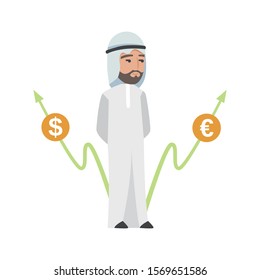 Successful Arab man in white clothes. Vector cartoon smiling Islamic businessman dressed in traditional clothes. Elegant businessman. Vector man with charts dollar, euro