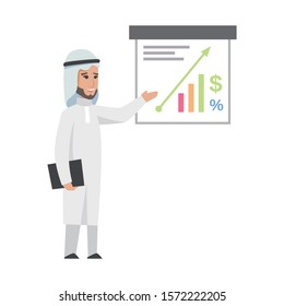 Successful Arab man in white clothes. Vector cartoon smiling Islamic businessman dressed in traditional clothes. Vector man with charts, animal, bag, smartphone, gold-silver, diamond, dollar, euro