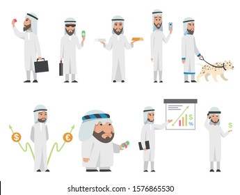 Exitoso árabe vestido de blanco. Dibujo vectorial sonriente hombre de negocios islámico vestido con ropa tradicional. Vector con gráficos, animal, bolsa, smartphone, plata dorada, diamante, dólar, euro