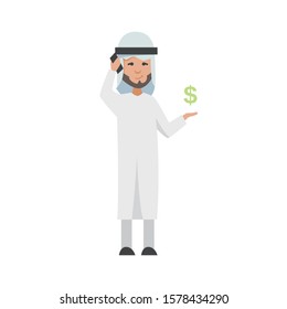 Successful Arab man in white clothes. Vector cartoon smiling Islamic businessman dressed in traditional clothes. Vector man with charts, animal, bag, smartphone, gold-silver, diamond, dollar, euro