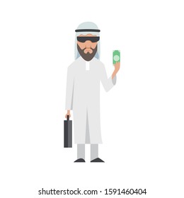 Successful Arab man in white clothes. Vector cartoon smiling Islamic businessman dressed in traditional clothes. Elegant businessman. Vector man with dolar and black bag